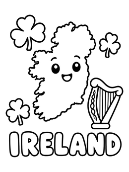 Free printable Smiling Ireland Map With Harp coloring page