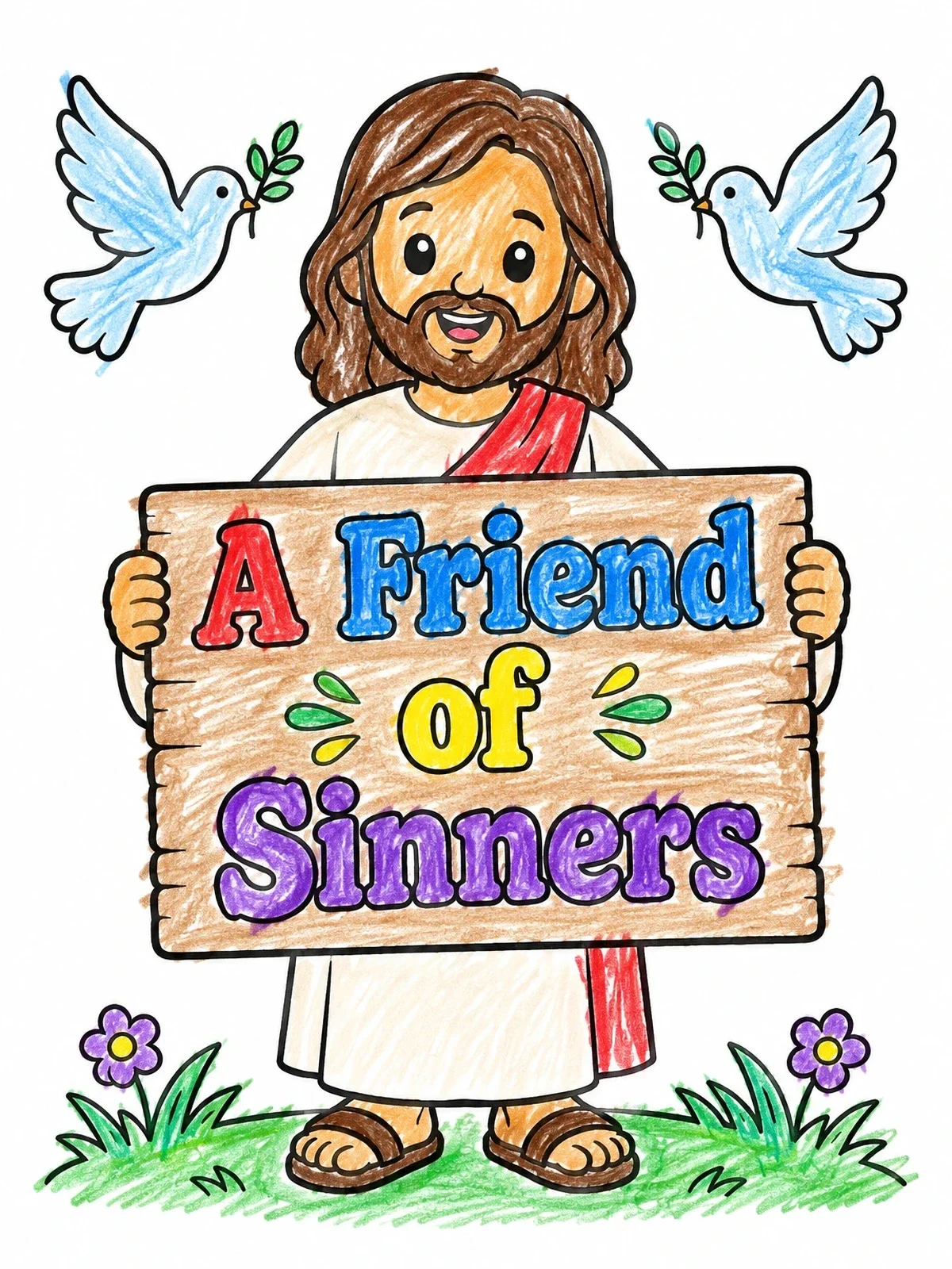Colored example of the Smiling Jesus Holding Sign With Doves coloring page