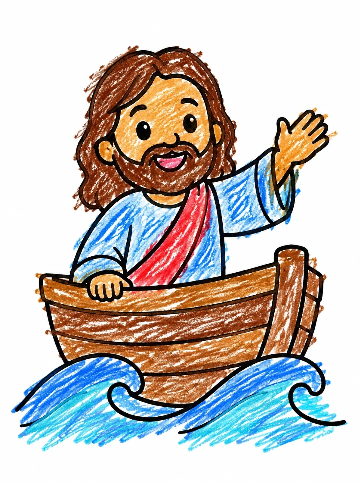 Colored example of the Smiling Jesus In A Small Boat coloring page