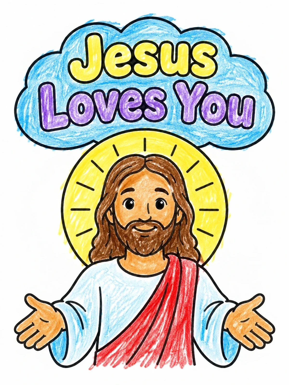 Colored example of the Smiling Jesus With Welcoming Arms coloring page