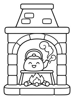 Free printable Smiling Kettle In Stone Fireplace coloring page