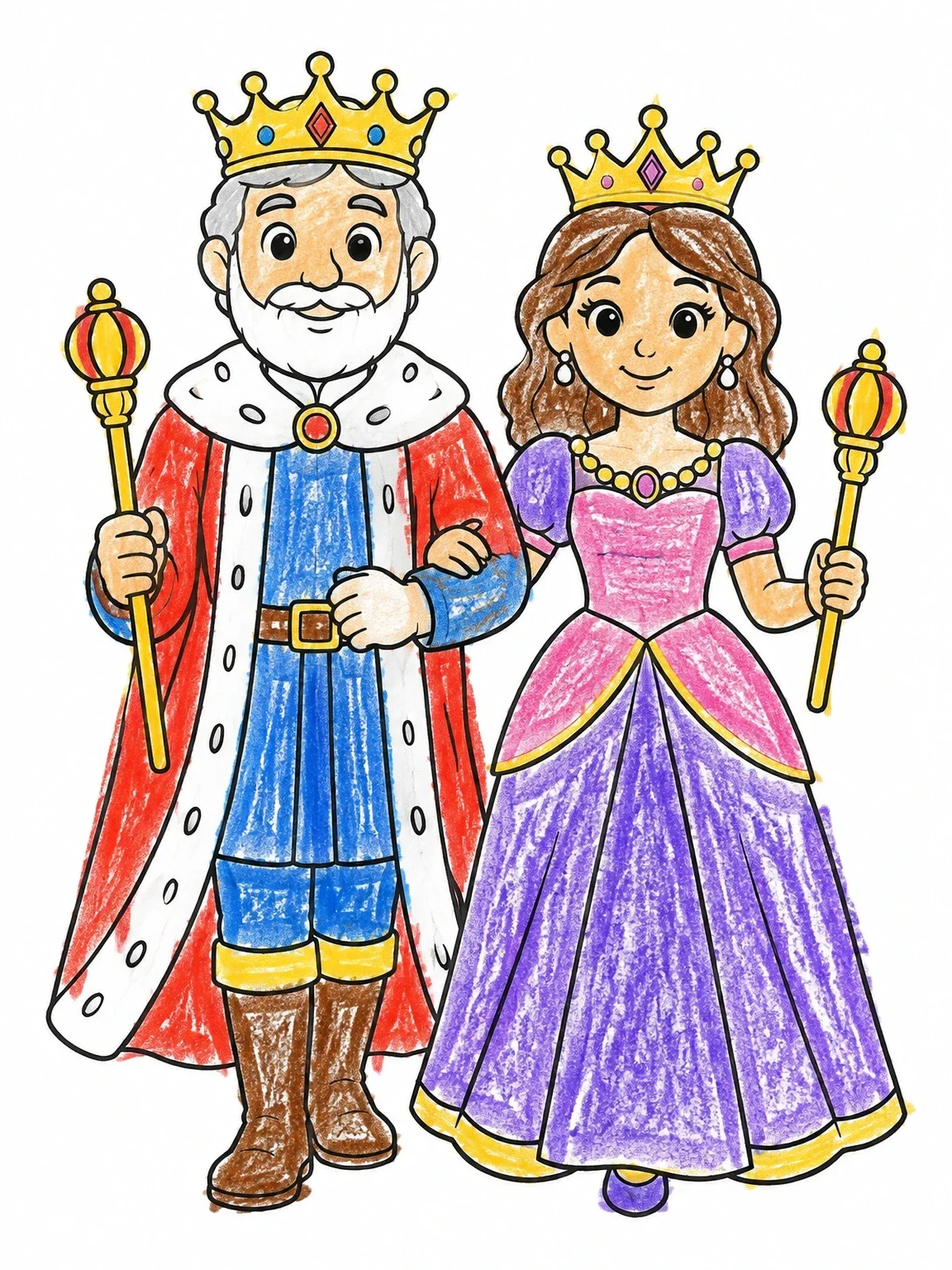 Colored example of the Smiling King And Queen With Scepters coloring page
