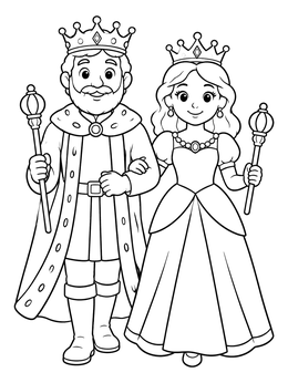 A smiling royal couple walks together in this king and queen coloring page.