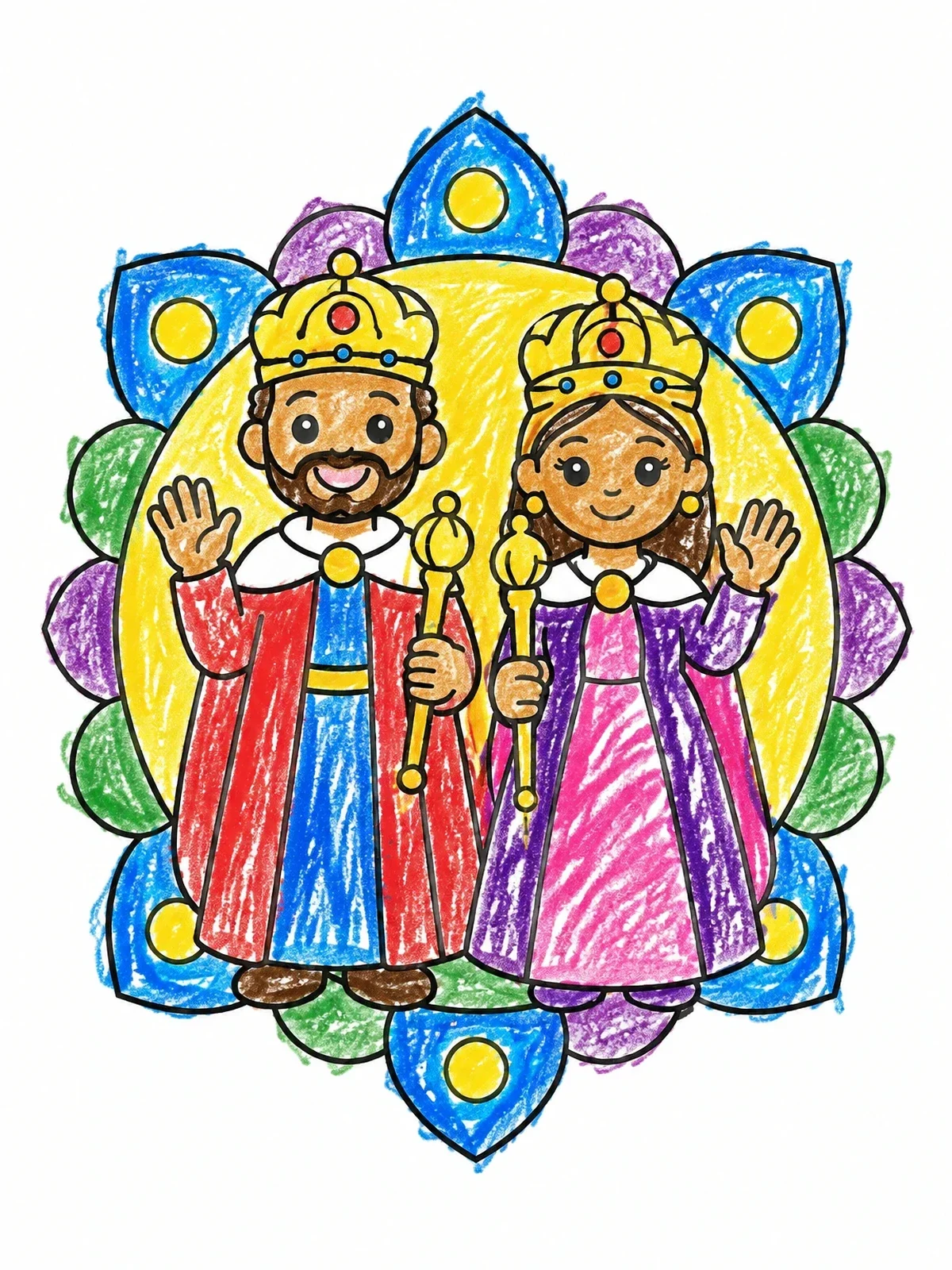 Colored example of the Smiling King And Queen Waving coloring page