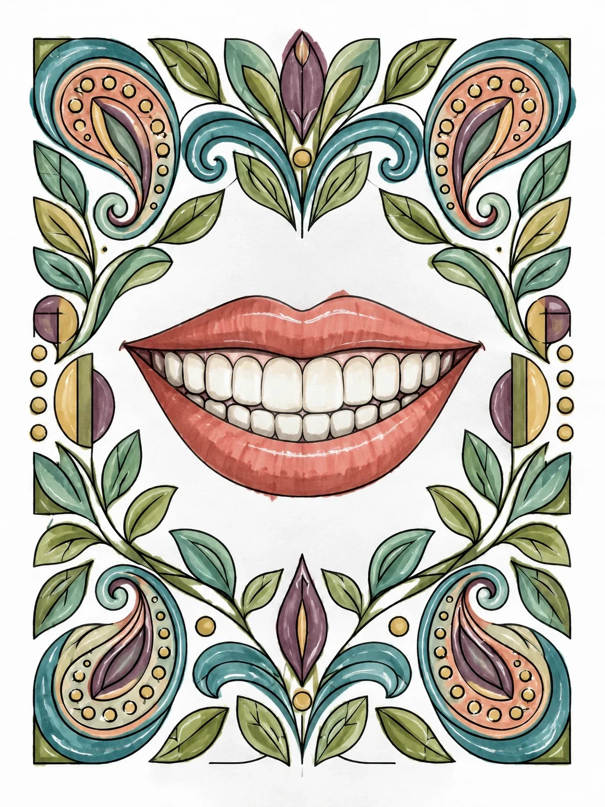 Colored example of the Smiling Lips With Paisley Border coloring page