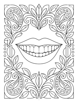 A smiling lips coloring page surrounded by elegant paisley and floral patterns.