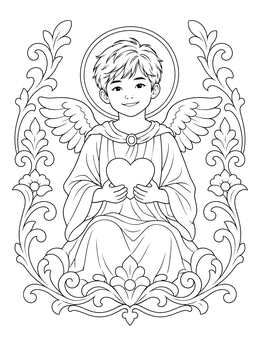 A peaceful little angel coloring page featuring a smiling winged child holding a heart.