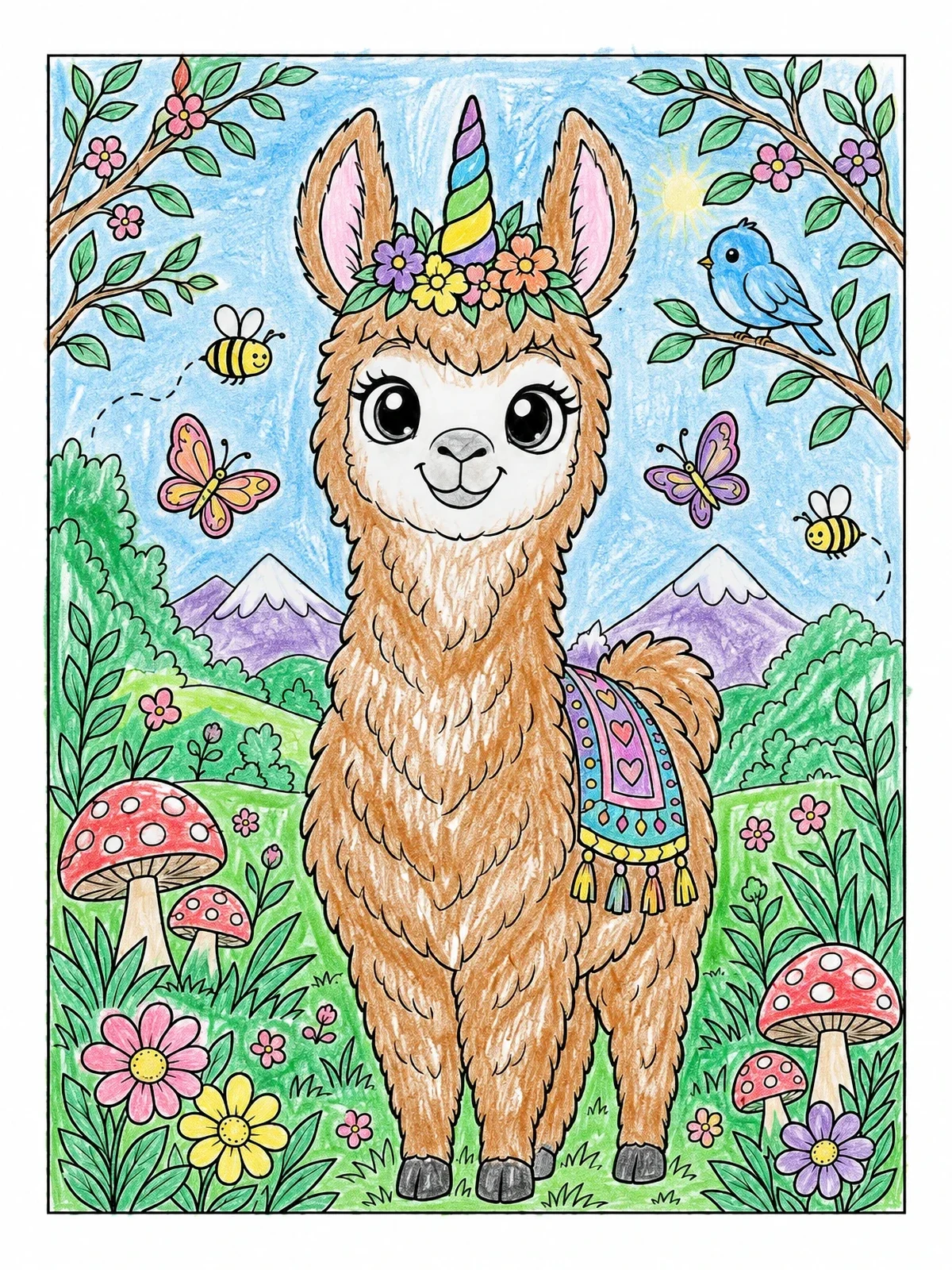 Colored example of the Smiling Llamacorn In Nature Meadow coloring page