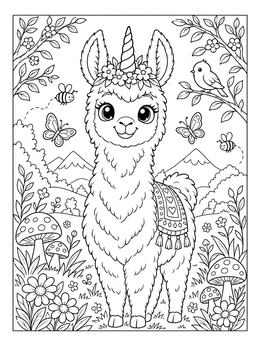 Free printable Smiling Llamacorn In Nature Meadow coloring page