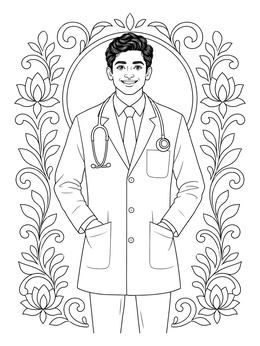 A smiling young physician in this doctor coloring page with an ornamental floral border.