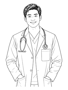 A friendly male physician smiles on this doctor coloring page.