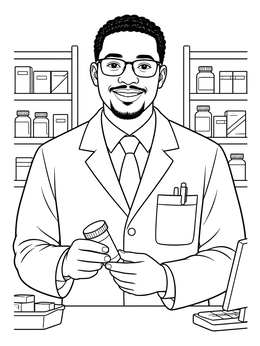 A friendly pharmacist coloring page featuring a man holding medicine at the counter.
