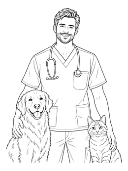 Free printable Smiling Male Veterinarian With Dog And Cat coloring page