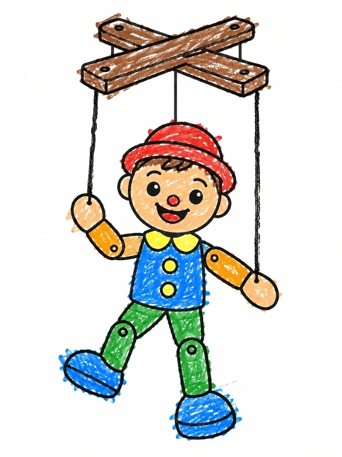 Colored example of the Smiling Marionette Wooden Puppet coloring page