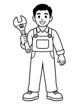 Free printable Smiling Mechanic Holding Large Wrench coloring page