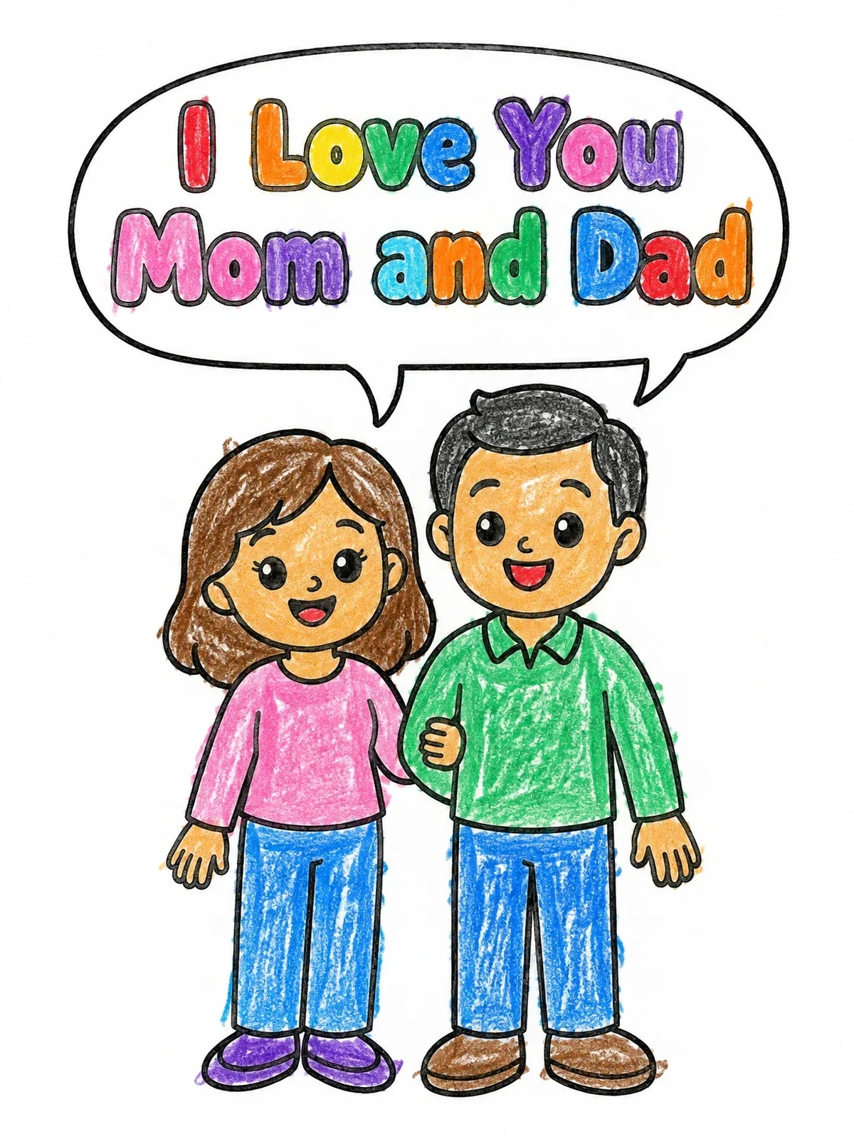 Colored example of the Smiling Mom And Dad With Love Message coloring page