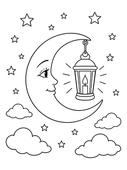 A smiling crescent moon holds a glowing lantern on this ramadan coloring page.