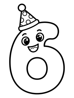 Free printable Smiling Number Six With Party Hat coloring page