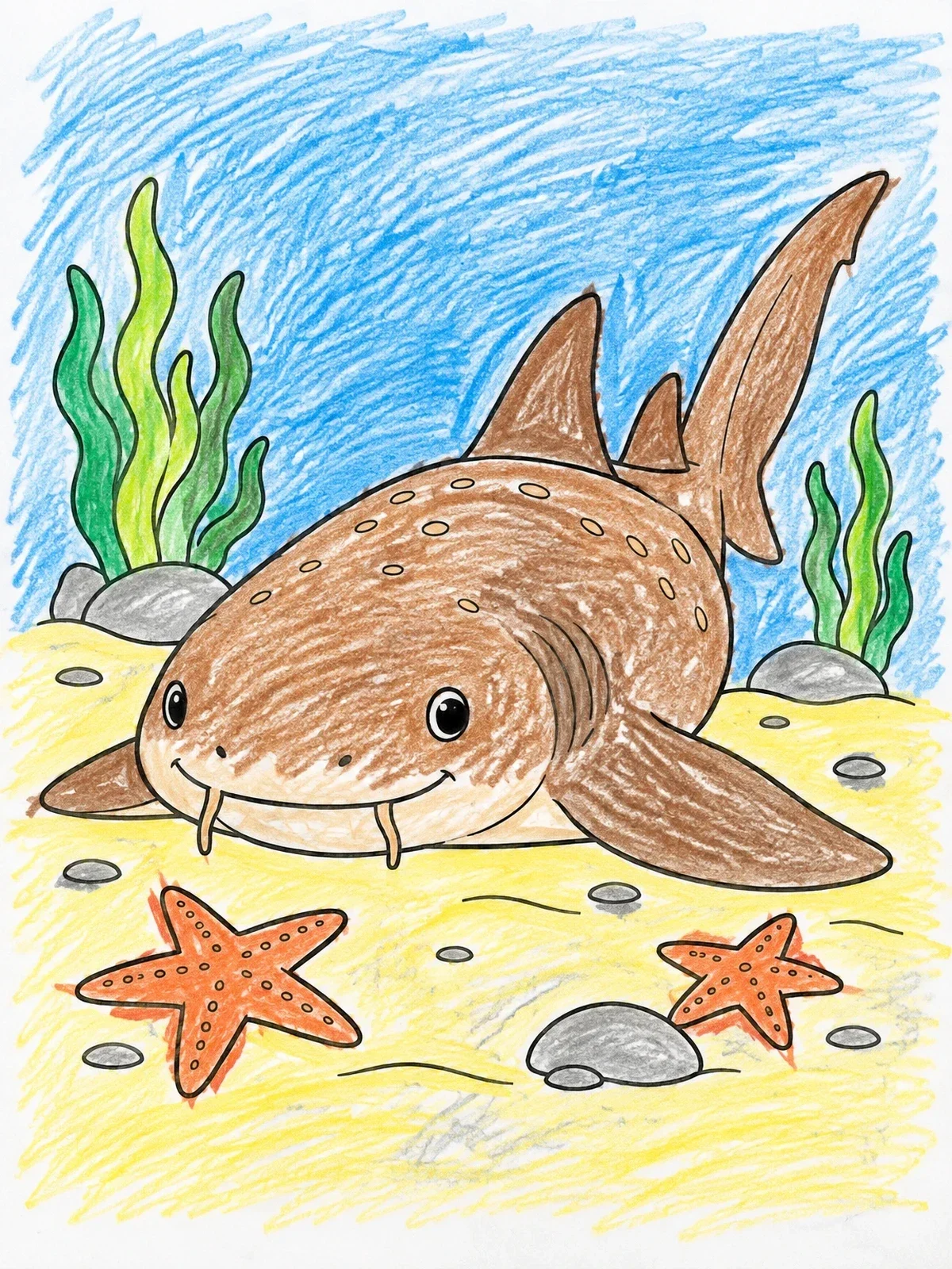 Colored example of the Smiling Nurse Shark On Ocean Floor coloring page