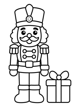 Free printable Smiling Nutcracker Soldier With Present coloring page
