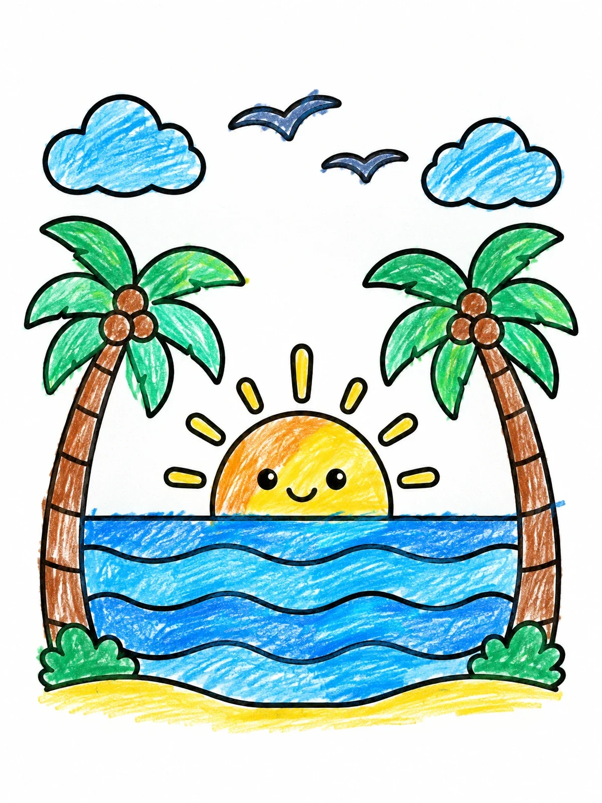 Colored example of the Smiling Sunset By The Ocean coloring page