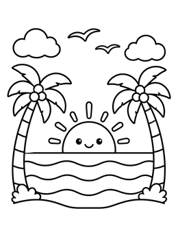Free printable Smiling Sunset By The Ocean coloring page