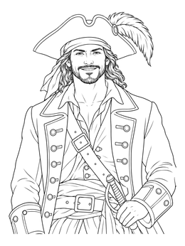 A smiling pirate coloring page featuring a handsome captain wearing a feathered hat and coat.