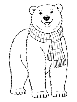 A smiling polar bear wearing a warm scarf stands happily in this polar bear coloring page.
