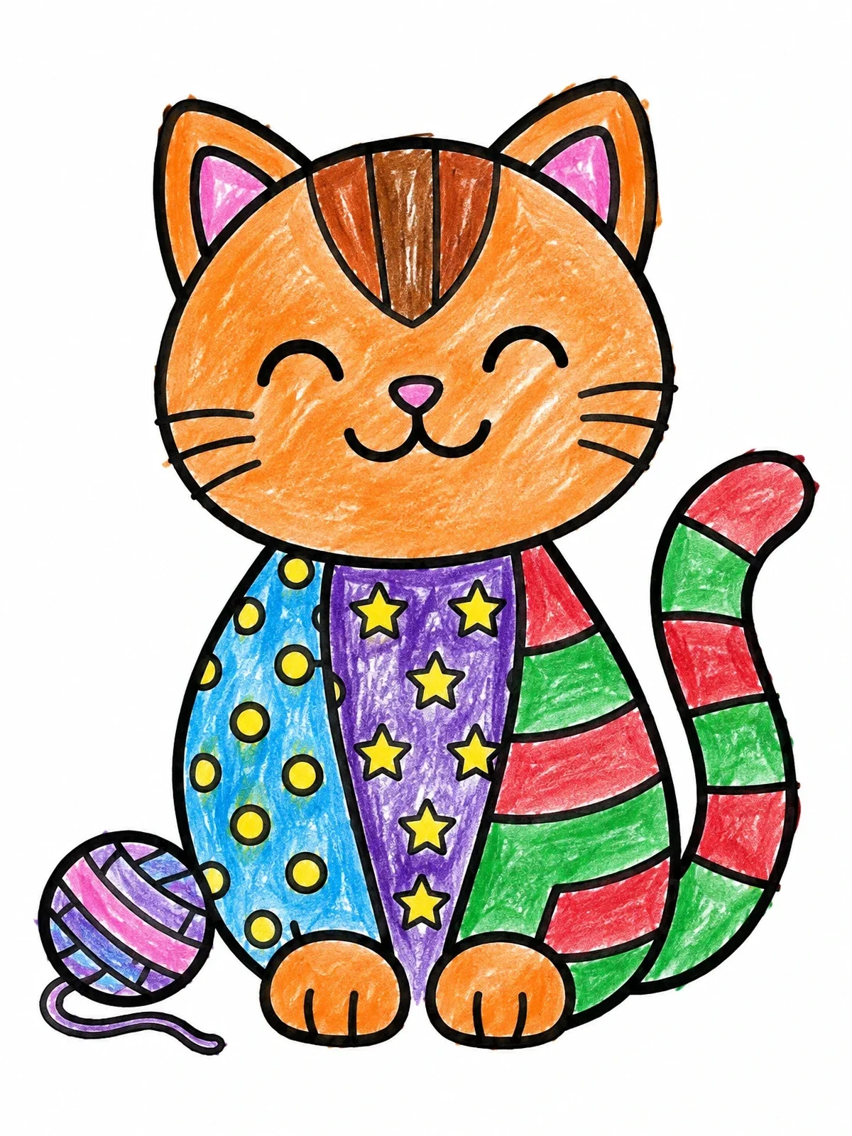 Colored example of the Smiling Pop Art Patterned Cat coloring page