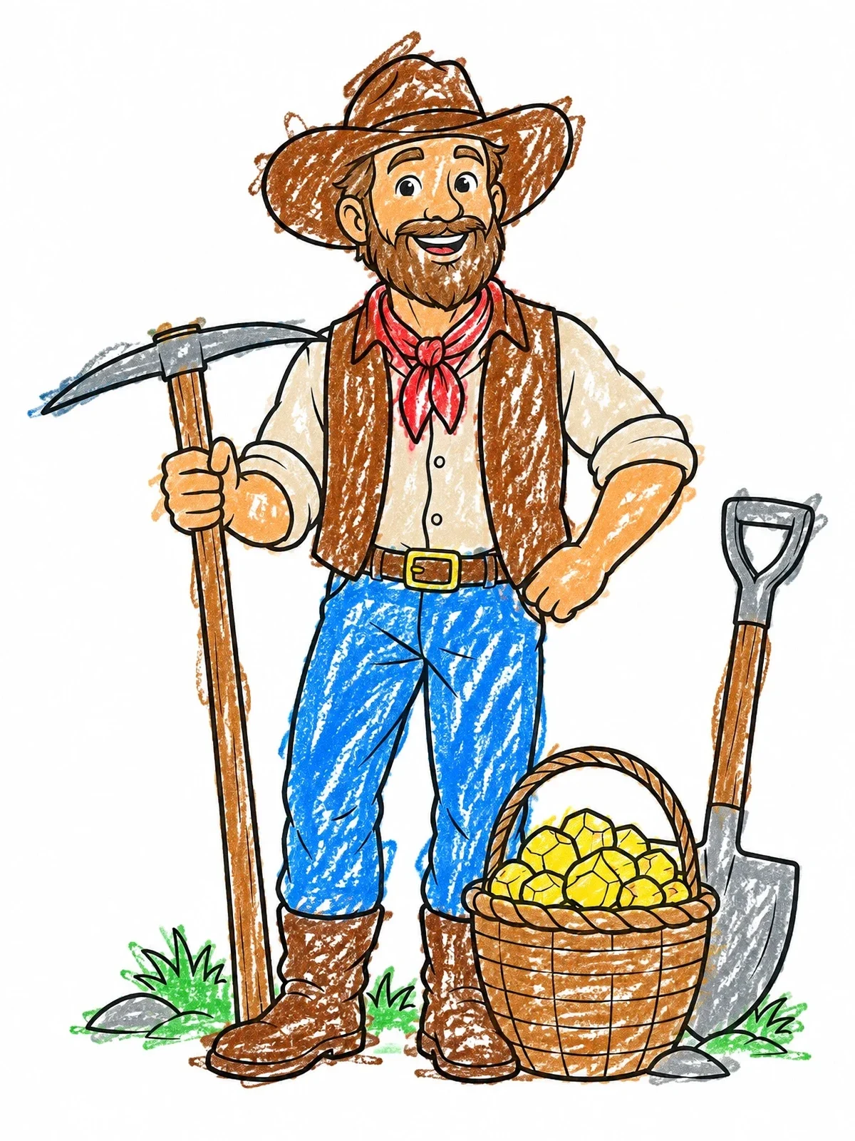 Colored example of the Smiling Prospector With Gold Basket coloring page