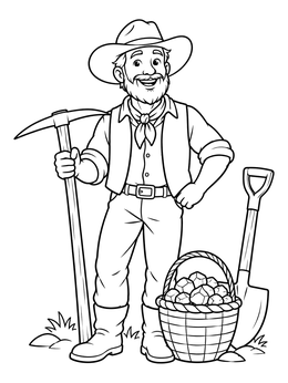 Free printable Smiling Prospector With Gold Basket coloring page
