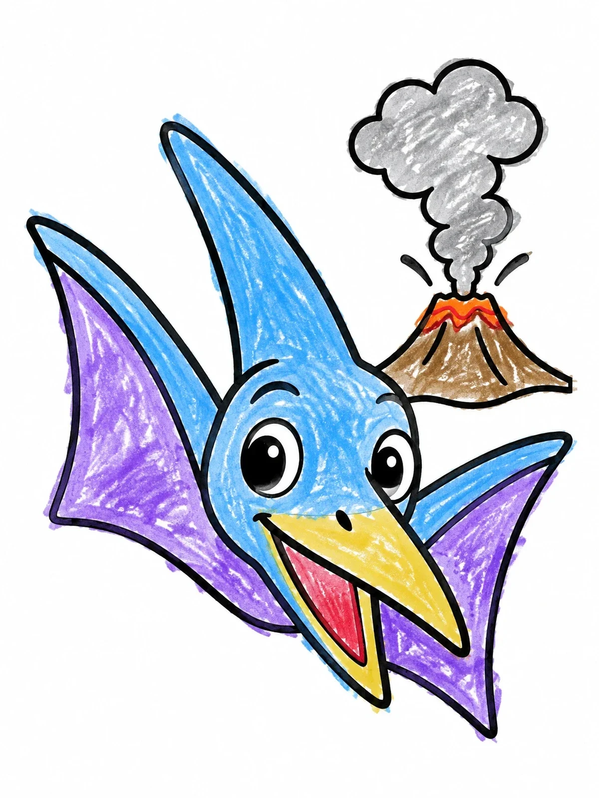 Colored example of the Smiling Flying Pteranodon And Volcano coloring page