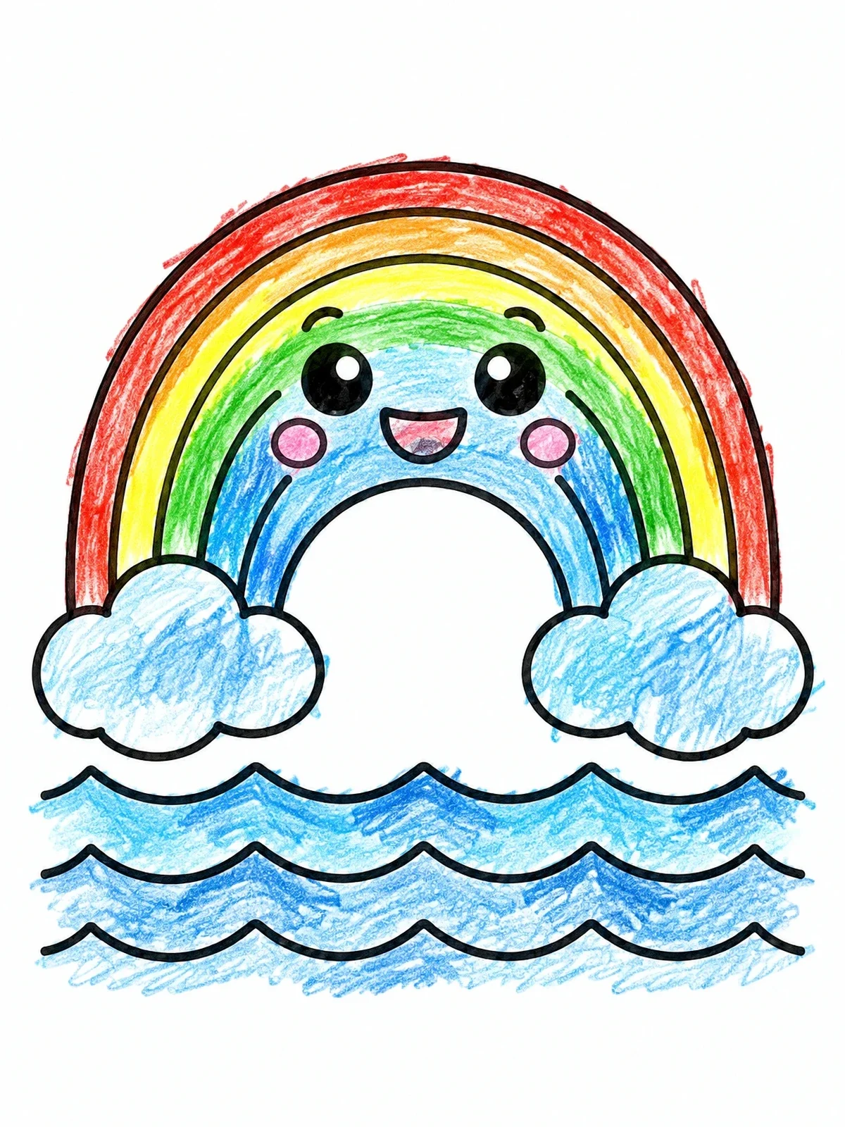 Colored example of the Smiling Rainbow Over Ocean Waves coloring page