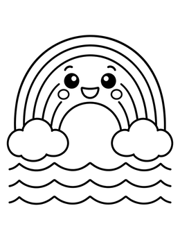Free printable Smiling Rainbow Over Ocean Waves coloring page