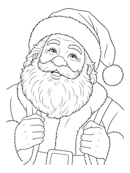 A cheerful santa coloring page showing a smiling Santa Claus with a fluffy beard and hat.