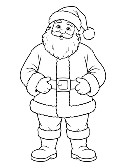 A cheerful santa coloring page featuring a smiling Santa Claus with his hands on his belt.