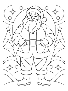 A cheerful santa coloring page showing Santa standing in front of stylized Christmas trees.