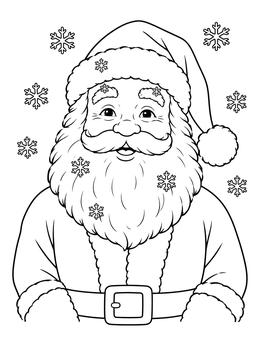 A cheerful smiling santa coloring page surrounded by snowflakes caught in his beard.