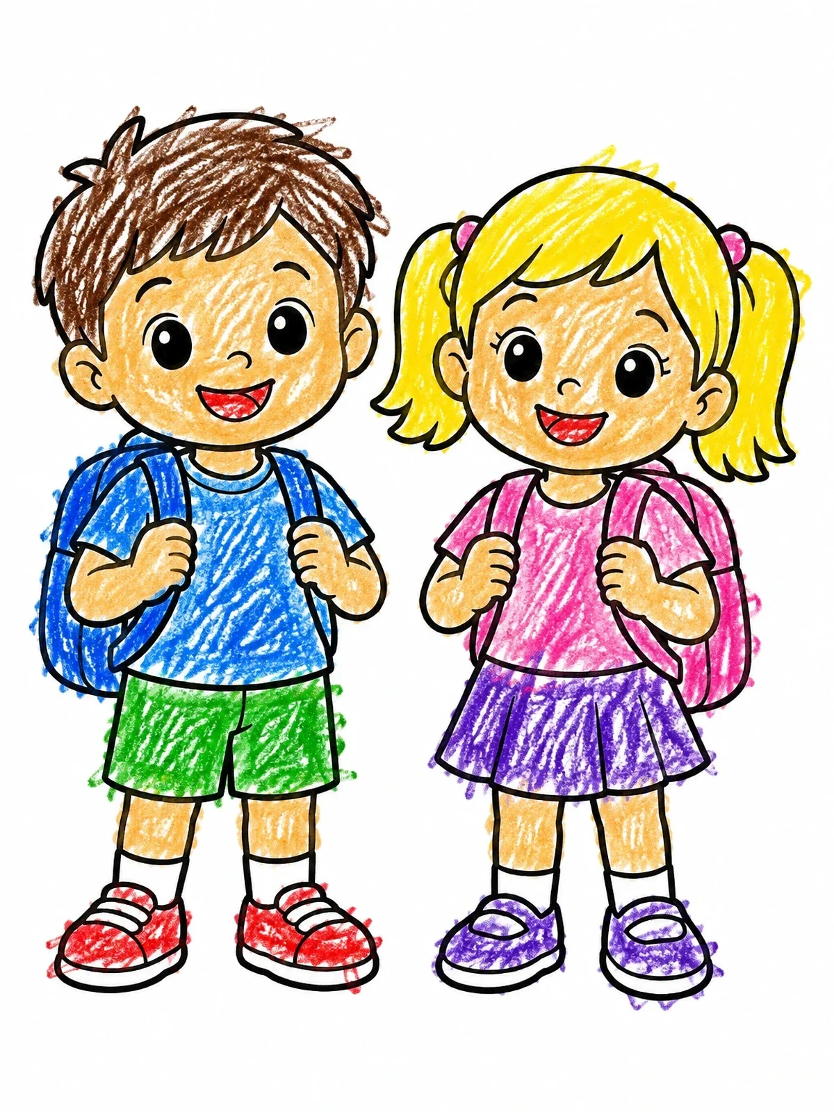 Colored example of the Smiling School Kids With Backpacks coloring page