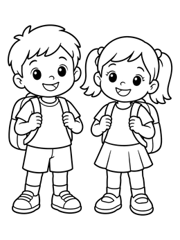 Free printable Smiling School Kids With Backpacks coloring page