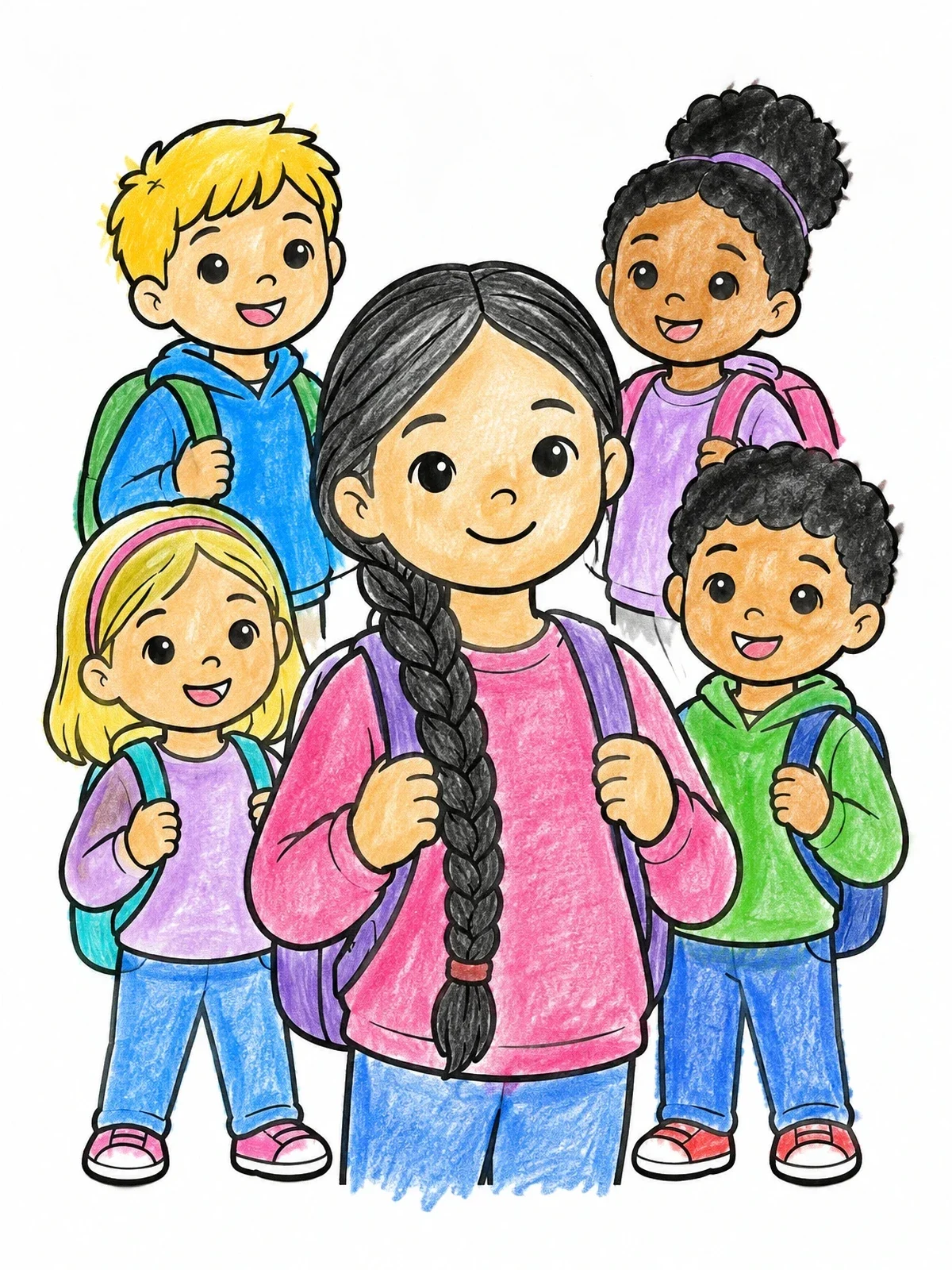 Colored example of the Smiling School Children With Braids And Curls coloring page