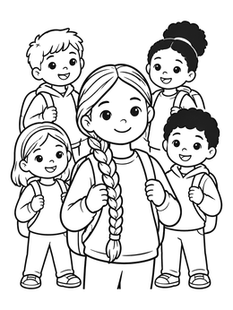 Free printable Smiling School Children With Braids And Curls coloring page