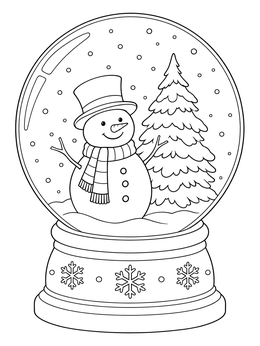 A smiling snowman stands beside a pine tree inside this snowglobe coloring page.