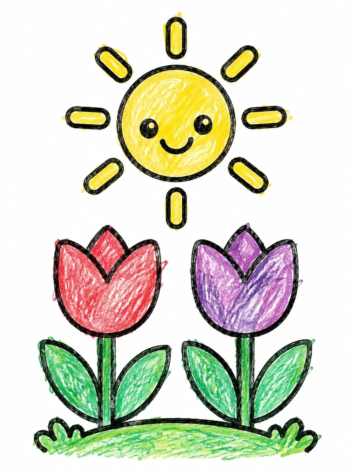 Colored example of the Smiling Sun And Two Tulips coloring page