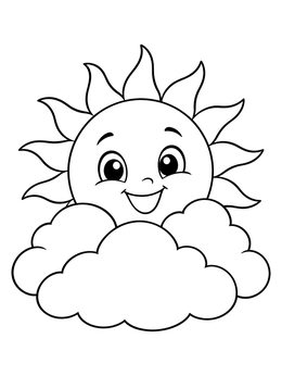 A cheerful smiling sun rises above soft puffy clouds coloring page.