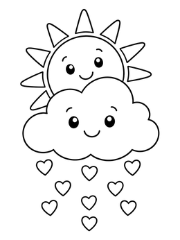 A happy sun and cloud raining heart drops in a heart coloring page.