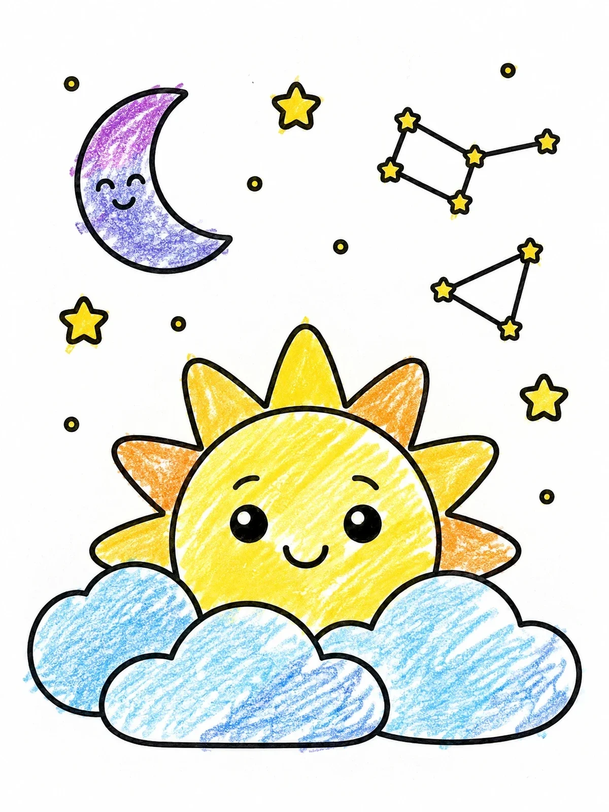 Colored example of the Smiling Sun With Crescent Moon And Stars coloring page
