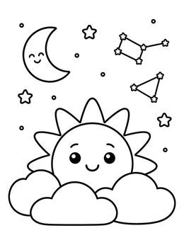 Free printable Smiling Sun With Crescent Moon And Stars coloring page