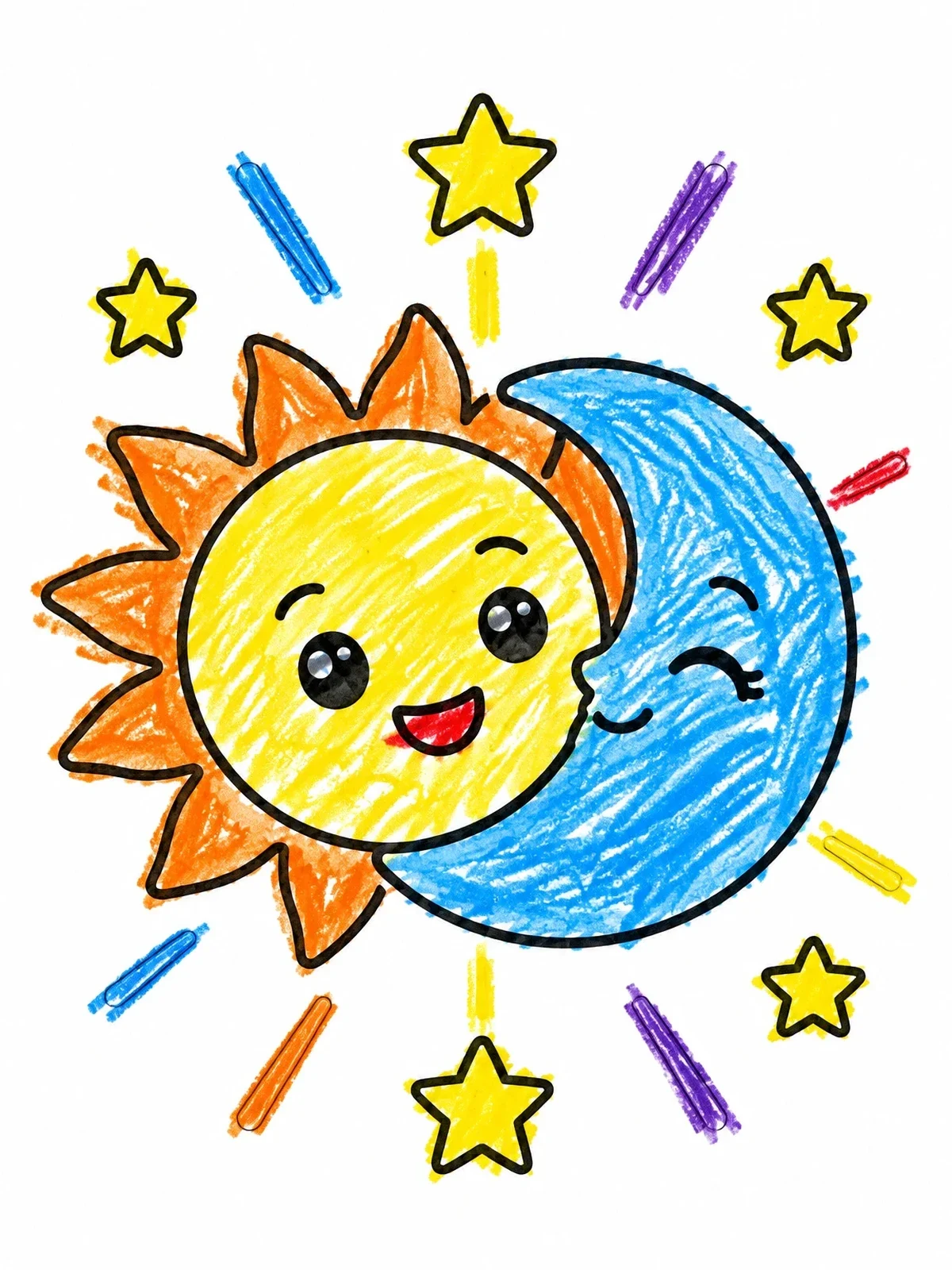 Colored example of the Smiling Sun And Crescent Moon Together coloring page