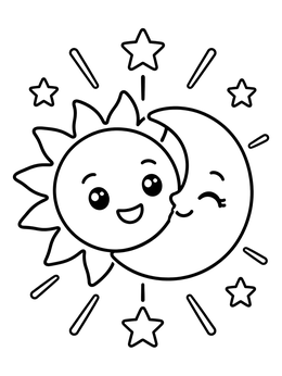 Free printable Smiling Sun And Crescent Moon Together coloring page